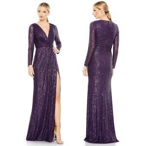 MAC DUGGAL Sequin Long Sleeve Faux Wrap Gown in Purple Size US 2